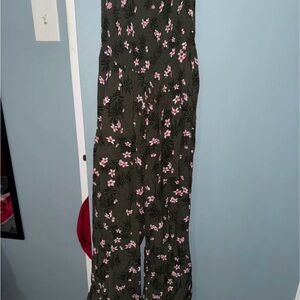 Floral Wide-Leg Jumpsuit - Olive with Pink Flowers